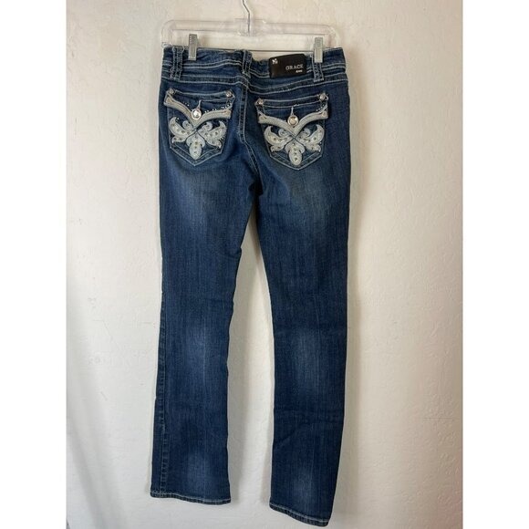 Grace in LA Jeans Sz 9/28 Flare 90s Y2K Low Rise Blinged Out Jeans Flap Pockets - Picture 3 of 9